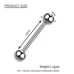 Lot de 10 piercings de langue en acier inoxydable de 19 mm avec billes polies de 5 mm
