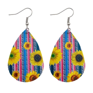 Detailed view of teardrop leather earrings featuring sunflower prints and silver hooks