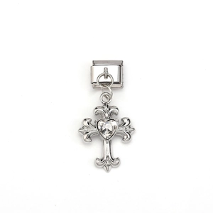 Silver stainless steel charm link with cross pendant and heart-shaped zircon stone