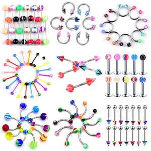 Acrylic Stainless Steel Body Piercing Set Tongue Nose Eyebrow Belly Rings Colorful Pattern For Women Men Fashion Body Jewelry