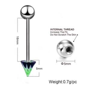 Acrylic and stainless steel tongue ring with green patterned cone and 18mm barbell bar