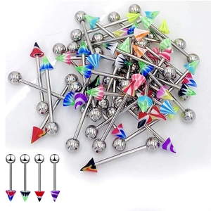 Macro shot of assorted colorful acrylic tongue rings and body piercing jewelry set