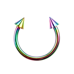 Macro detail of rainbow stainless steel horseshoe barbell with spikes for body piercing