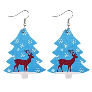 Dettagli degli orecchini ad albero di Natale in pelle PU blu con renna e fiocco di neve