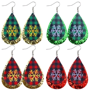 Boucles d'Oreilles Pendantes en Cuir PU de Noël Double Couche Plaid Snowflake Paillettes Brillantes pour Femme Fête