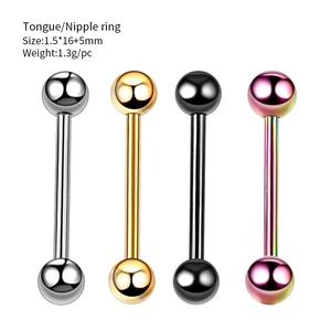 Detailweergave van 16mm roestvrijstalen halter piercings in zilver goud zwart en regenboogkleuren