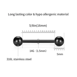 Zwarte matte 316L roestvrijstalen halter piercing voor tong of tepel 16mm