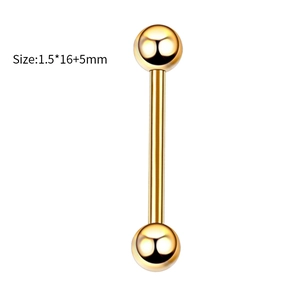 Detail van een gouden barbell-piercing met maat 1.5x16x5mm op een witte achtergrond nu