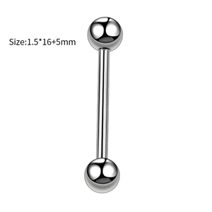 Detail van de roestvrijstalen barbell piercing met een staaf van 16mm en 5mm balletjes