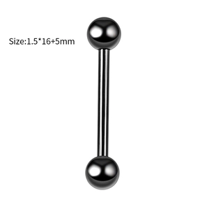 Detail van 16mm zwarte roestvrijstalen barbell piercing met afmetingen van 1.5x16+5mm