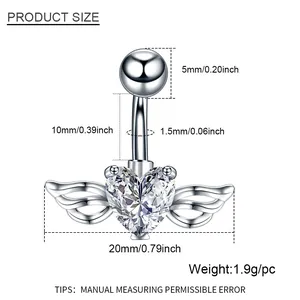 Größentabelle für Bauchnabelpiercing aus Edelstahl mit Herz-Flügeln und Abmessungen