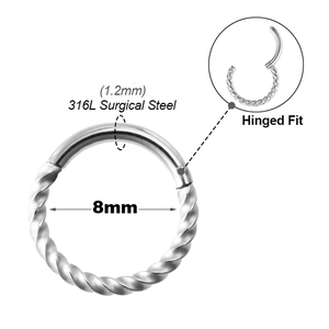 316L surgical steel hinged nose ring with twisted design and 8mm inner diameter