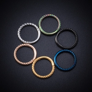 Set of six colorful twisted rope piercing rings in stainless steel with hinged closure