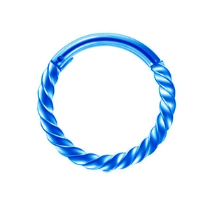 Close-up of blue stainless steel seamless hinged nose ring with twisted spiral design