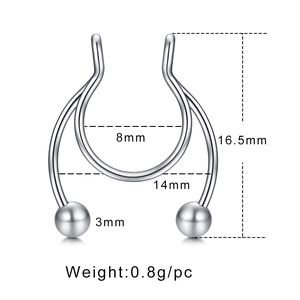 Polished silver stainless steel antler fake nose ring with dimensions 8mm and 16.5mm