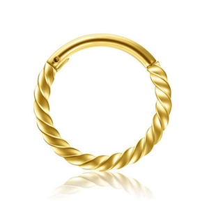 Detail of golden stainless steel hinged nose ring featuring a twisted rope design texture