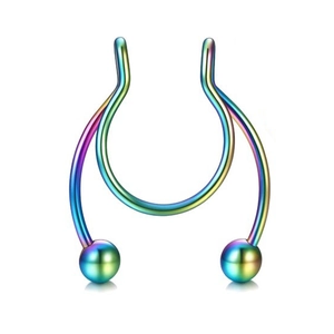 Rainbow stainless steel horseshoe fake nose ring with round beads on white background