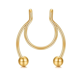 Detailed view of a golden stainless steel U-shaped faux nose ring with double curve design