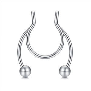 Detailed view of silver stainless steel U-shaped faux nose ring with polished metal beads