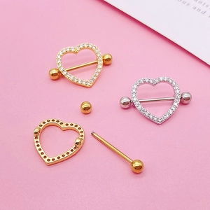 Stainless steel heart nipple rings with micro-paved zircons in gold and silver finishes