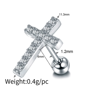 Orecchino a perno a croce in acciaio inossidabile argento con zirconi micro-pave