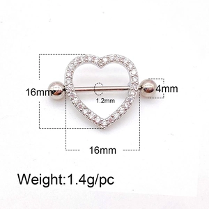 Stainless steel heart nipple ring with micro-paved cubic zirconia gems and 1.2mm bar size