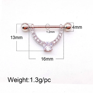 Stainless steel heart nipple ring with micro-pave cubic zirconia and U-shaped pendant