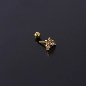 Golden butterfly cartilage stud earring with micro-paved zircons and screw ball back