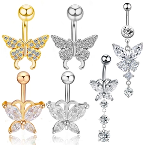 Ensemble de 6 piercings de nombril papillon en acier inoxydable avec cristaux étincelants