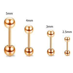 Orecchini a bilanciere in oro rosa con confronto delle sfere da 2,5 mm a 5 mm