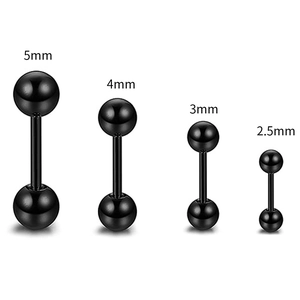 Dettaglio di orecchini a bilanciere neri in acciaio inossidabile da 2,5 mm a 5 mm