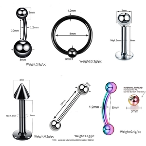 Roestvrijstalen body piercing set met wenkbrauw-, lip- en neusringen in diverse kleuren
