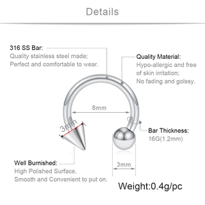 Stainless steel horseshoe ring with ball and spike ends for body piercing jewelry