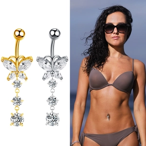 Sinnliches Schmetterlings-Bauchnabelpiercing aus Edelstahl mit Zirkonia-Anhängern in Gold und Silber