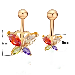Rose gold stainless steel butterfly belly rings with colorful gemstones in 9mm and 11mm