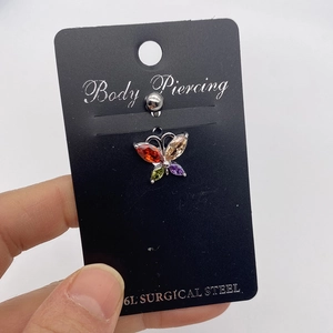 316L surgical steel belly ring with multi-color butterfly pendant and AAA zircon crystals