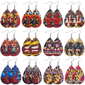Boucles d'Oreilles Goutte en Cuir Vintage pour Femmes Drapeau USA Imprimé Léopard Route 66 Pompiers Bijoux Fête des Mères