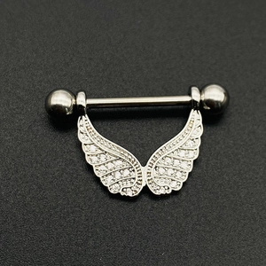 Surgical steel nipple piercing jewelry featuring sparkling zircon winged feather pendants