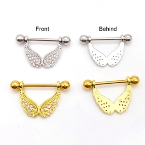 Detailed front and back view of silver and gold wing nipple rings with micro zircon stones