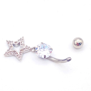 Piercing nombril en acier avec zircon rond et pendentif étoile pavé de cristaux