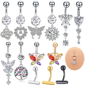 Bauchnabelpiercing Set aus Edelstahl mit AAA Zirkon Schmetterling und Herz Anhänger