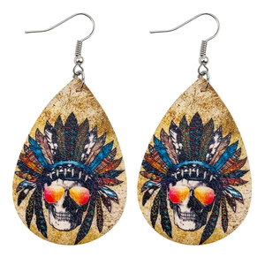 Boucles d'oreilles vintage en cuir en forme de goutte avec crâne, plumes et lunettes