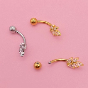 Set de piercings de ombligo de acero con hojas de circonita AAA en dorado y plateado