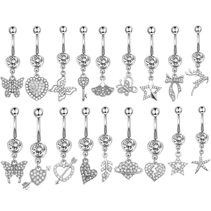 18-teiliges Bauchnabelpiercing-Set aus Edelstahl mit Herz- und Schmetterling-Anhängern