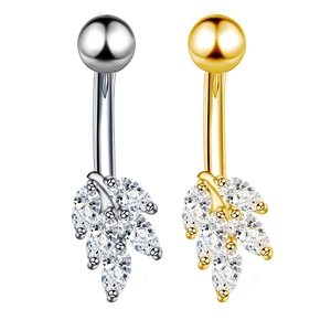 Piercing para ombligo en forma de hoja con circonitas marquesa en acabados plata y oro