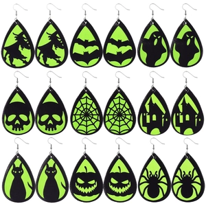 Halloween Faux Leather Drop Earrings Fluorescent Green Witch Bat Ghost Skeleton Spider Web Pattern Women Festive Jewelry