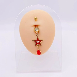 Gouden navelring met rode ster, evil eye bedeltje en waterdruppel hanger