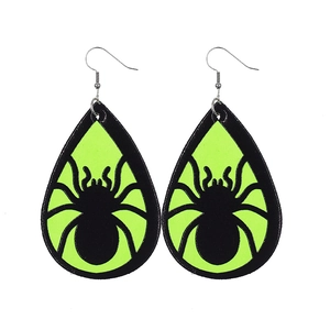 Halloween teardrop earrings featuring black spider cutouts over neon green leather