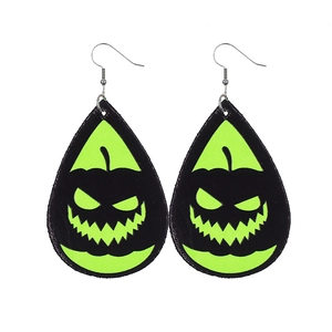 Luminous Halloween pumpkin face teardrop faux leather earrings with silver hook hooks