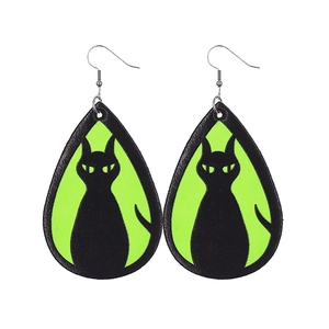 Halloween drop earrings with black cat silhouette on green leather and silver fish hooks